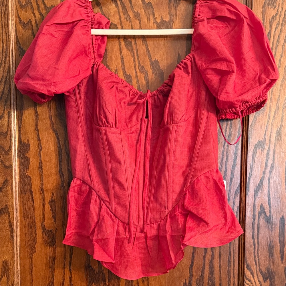 Anthropologie Red Puff Sleeve Blouse